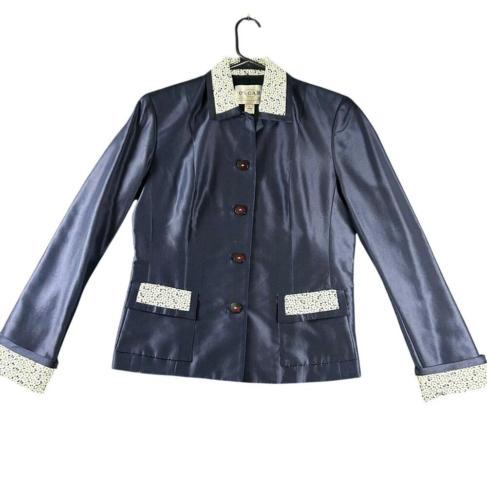 Oscar by Oscar de la Renta 100% Silk Navy Lace Trim Jacket Size 6
